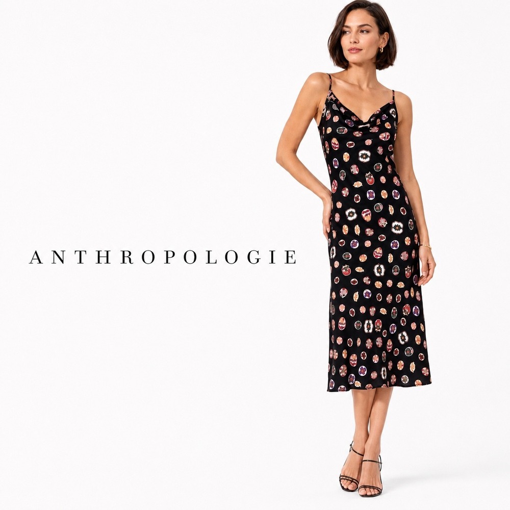 Anthropologie Maeve Printed Slip Dress Black Midi Cowl Neck Satin Chic Indie